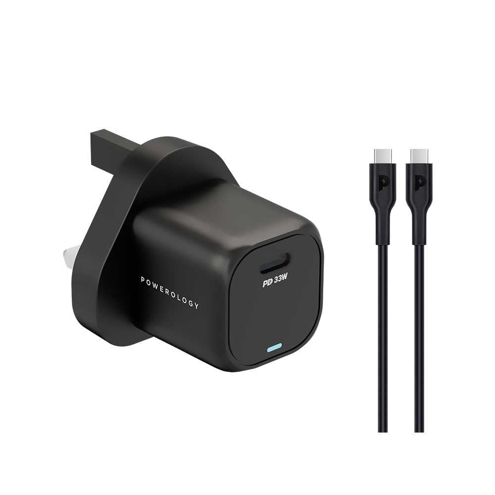 Powerology 33W GaN PD Charger With 1.2m/3.9ft USB-C To USB-C Cable