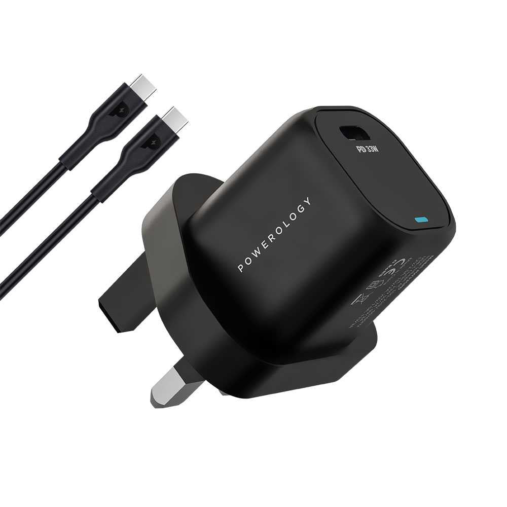 Powerology 33W GaN PD Charger With 1.2m/3.9ft USB-C To USB-C Cable