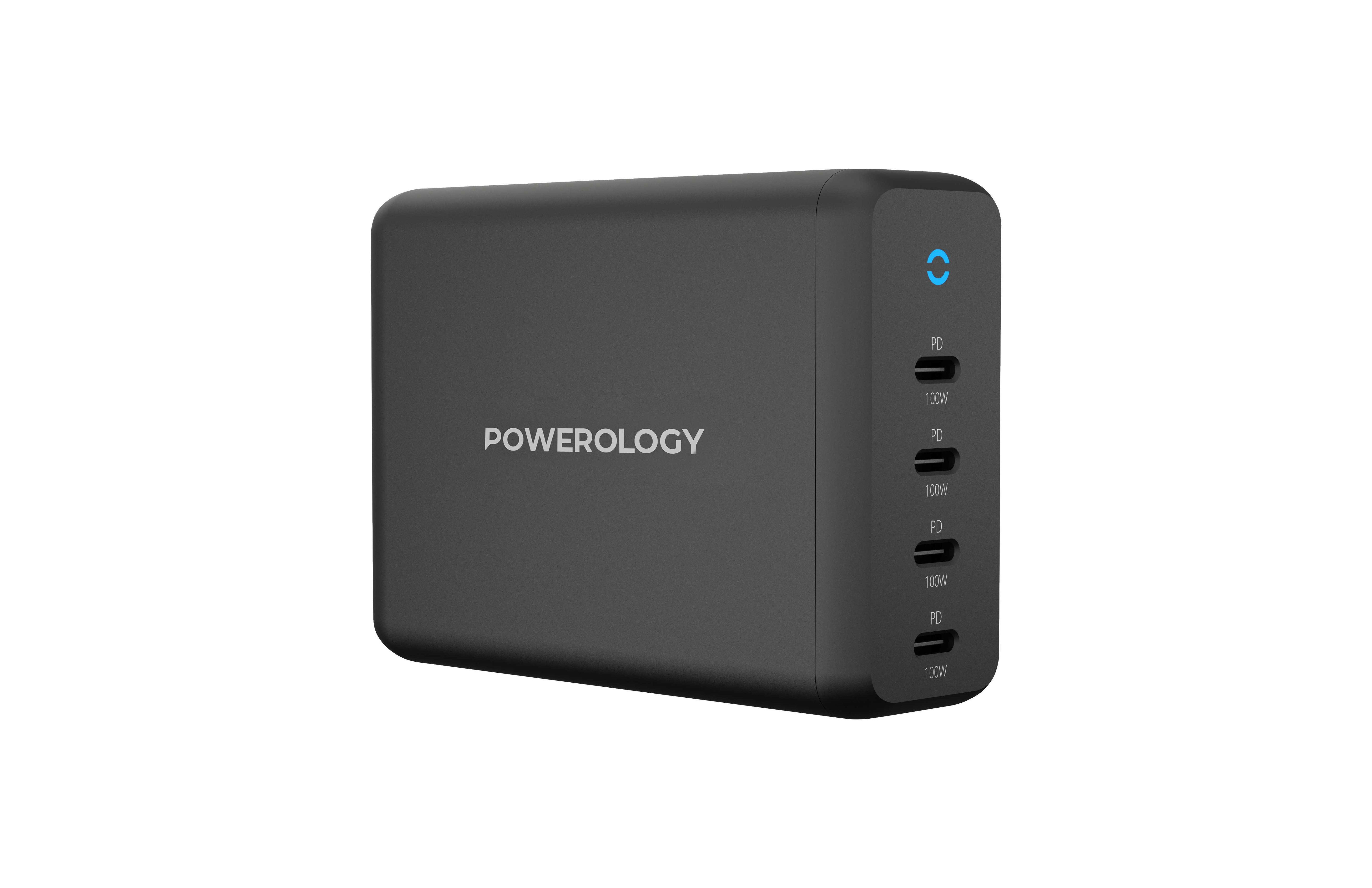 Powerology 165W GaN Desktop Charger with 4X PD Port UK AC Cable PD 100W - Black