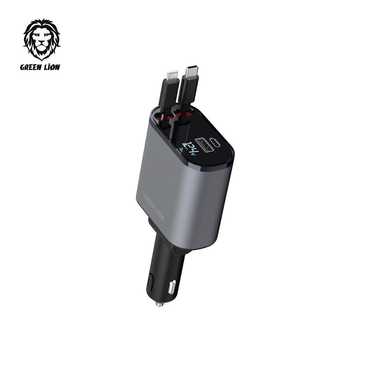 Green Lion Car Charger With Integrated Retractable Cables