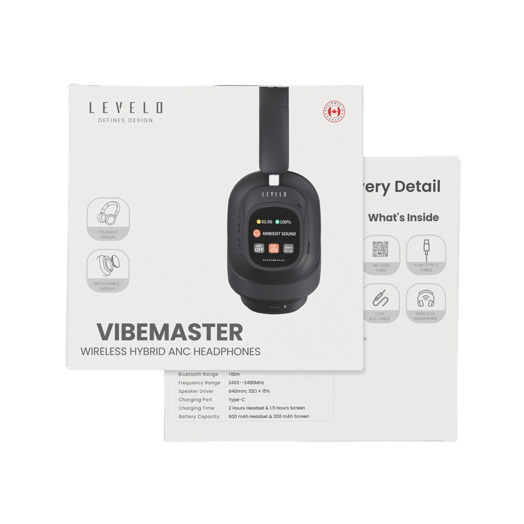 Levelo VibeMaster Wireless Hybrid ANC Headphone - Black