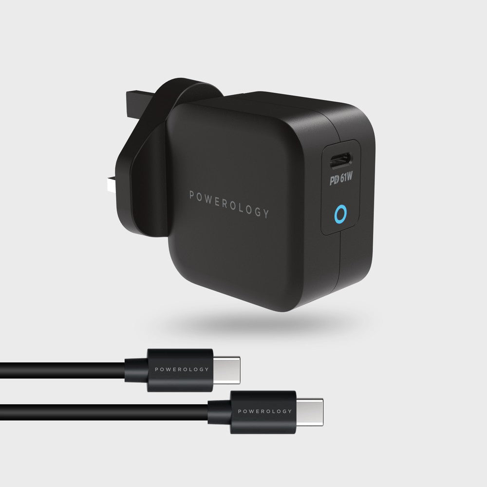 Powerology Ultra-Compact 61W PD GaN Charger Includes 2m /6.6ft USB-C to USB-C Cable