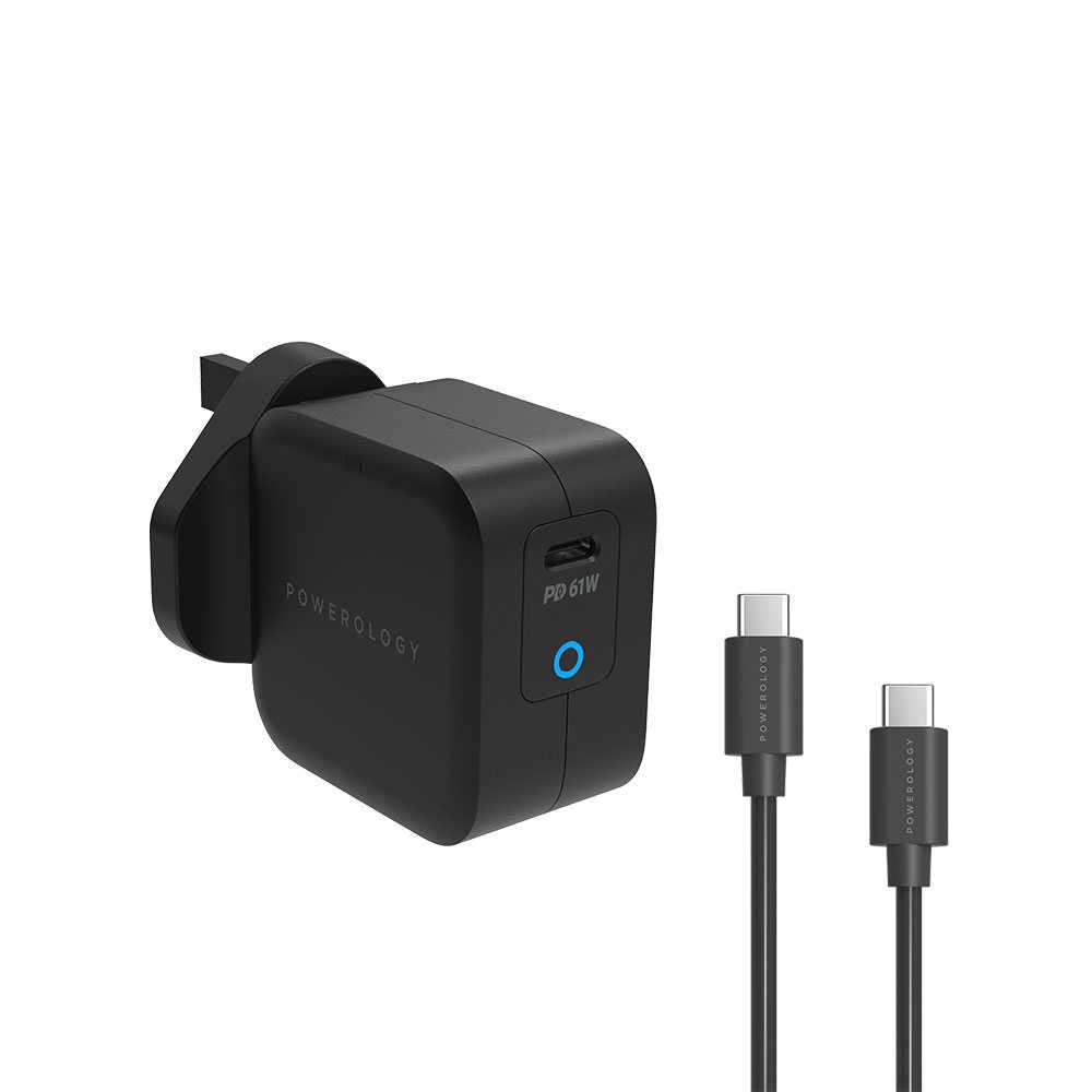 Powerology Ultra-Compact 61W PD GaN Charger Includes 2m /6.6ft USB-C to USB-C Cable