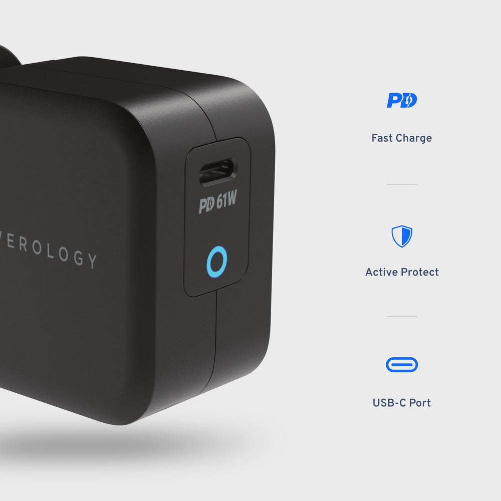 Powerology Ultra-Compact 61W PD GaN Charger Includes 2m /6.6ft USB-C to USB-C Cable