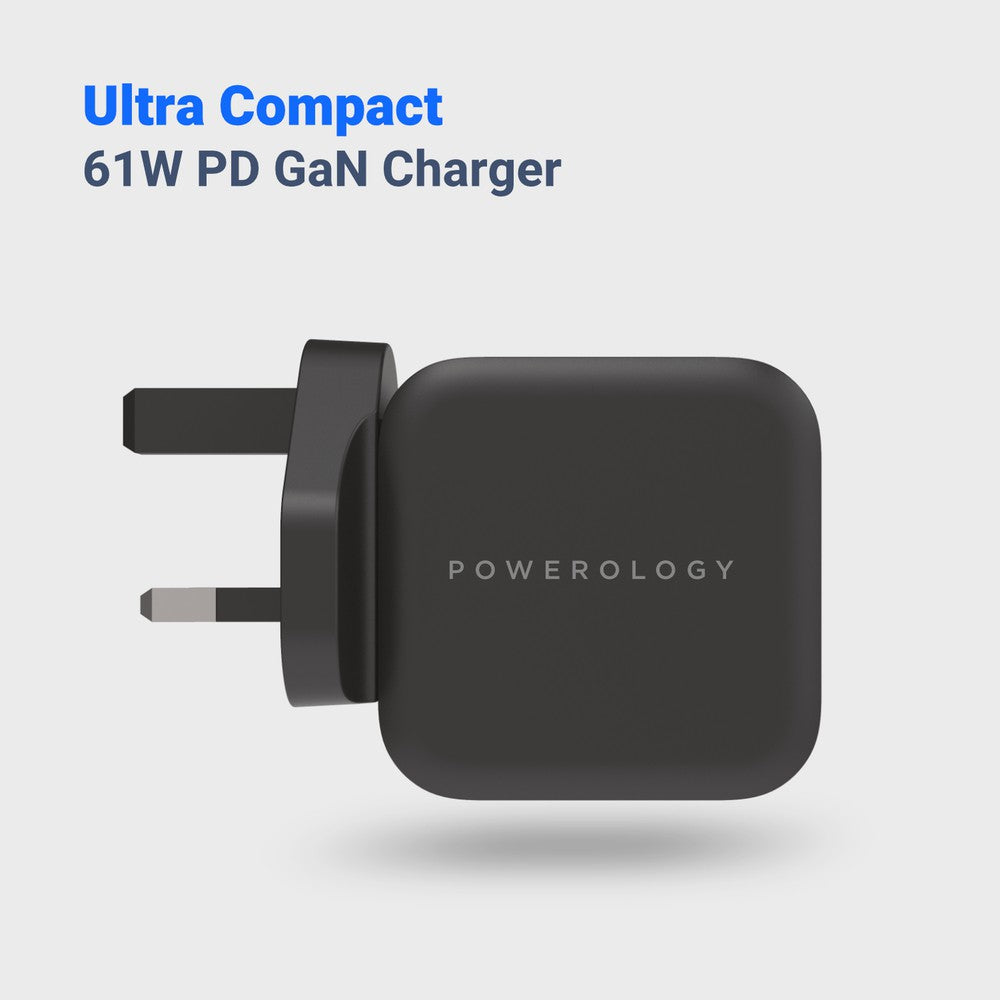 Powerology Ultra-Compact 61W PD GaN Charger Includes 2m /6.6ft USB-C to USB-C Cable