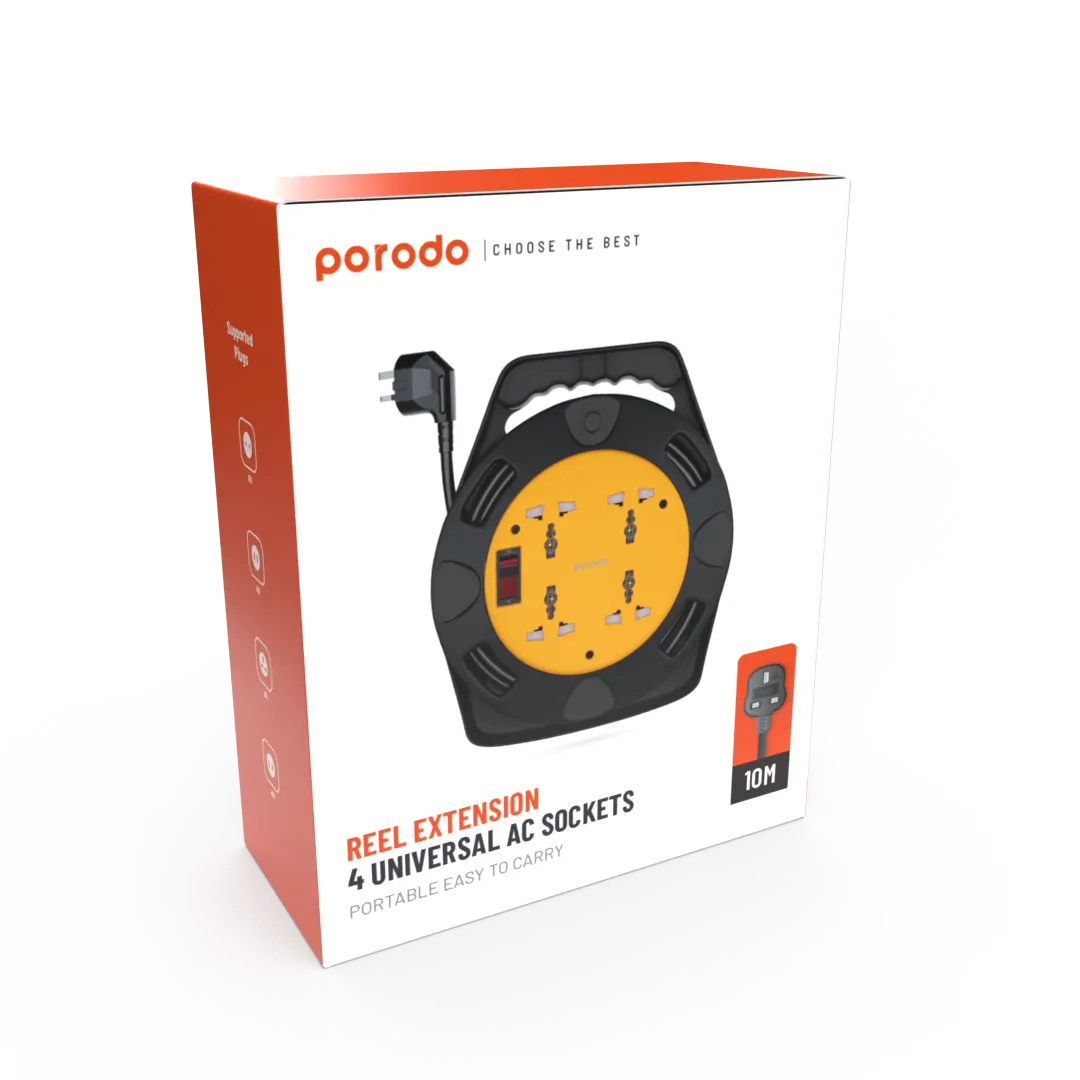 PORODO 4AC EXTENSION CABLE REEL WITH UK PLUG (10M WIRE) - BLACK