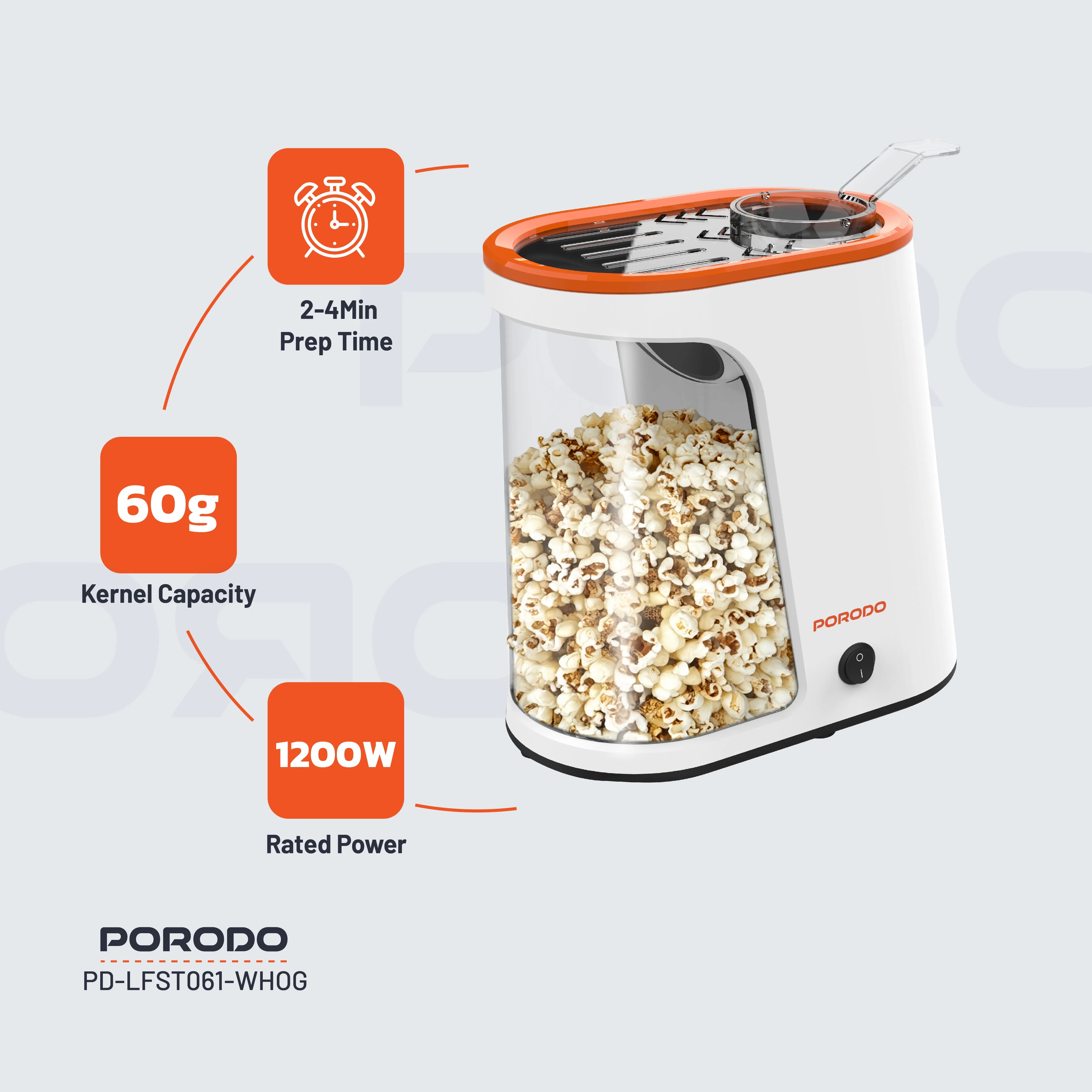 Porodo Lifestyle Air-Popped Popcorn Maker - White/Orange