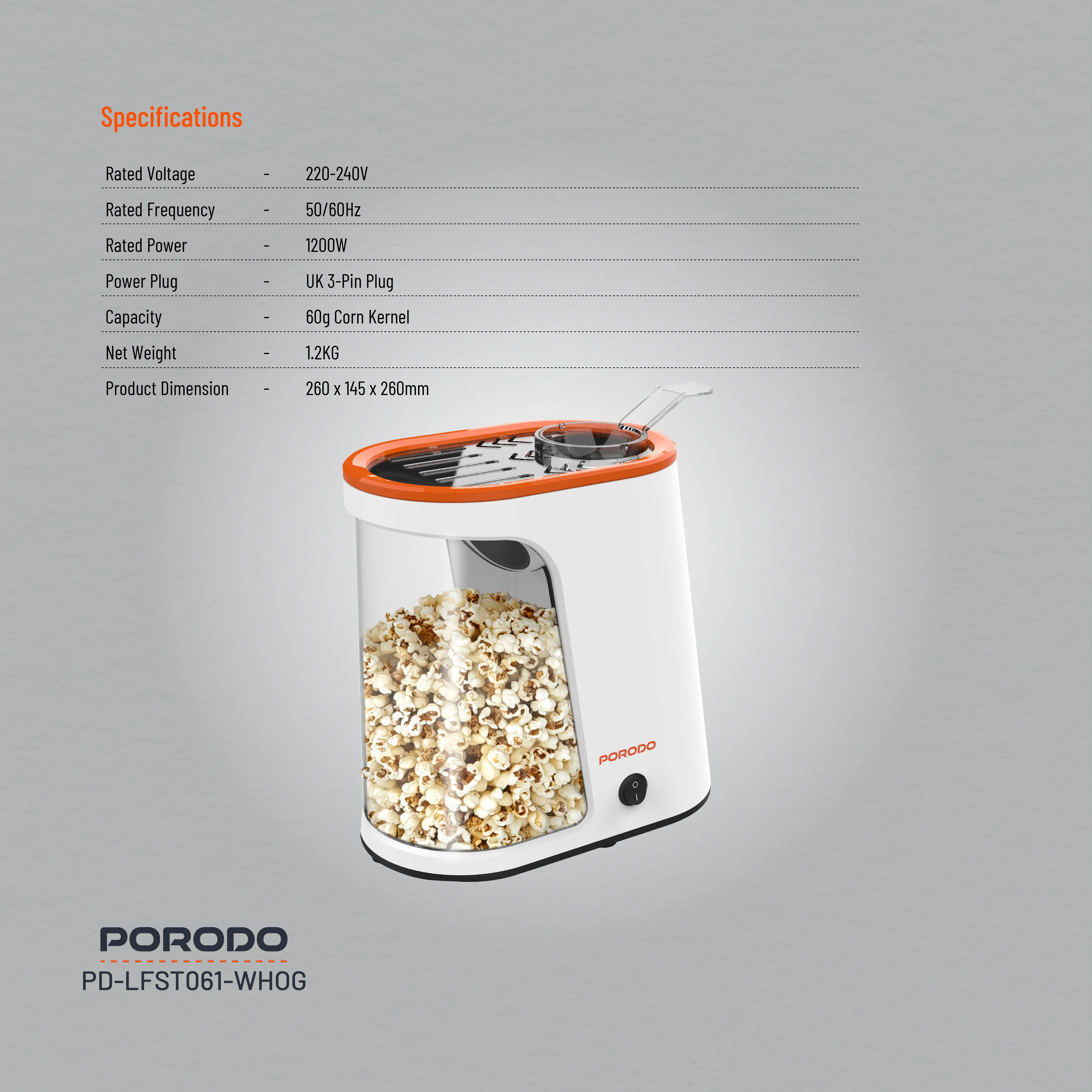 Porodo Lifestyle Air-Popped Popcorn Maker - White/Orange