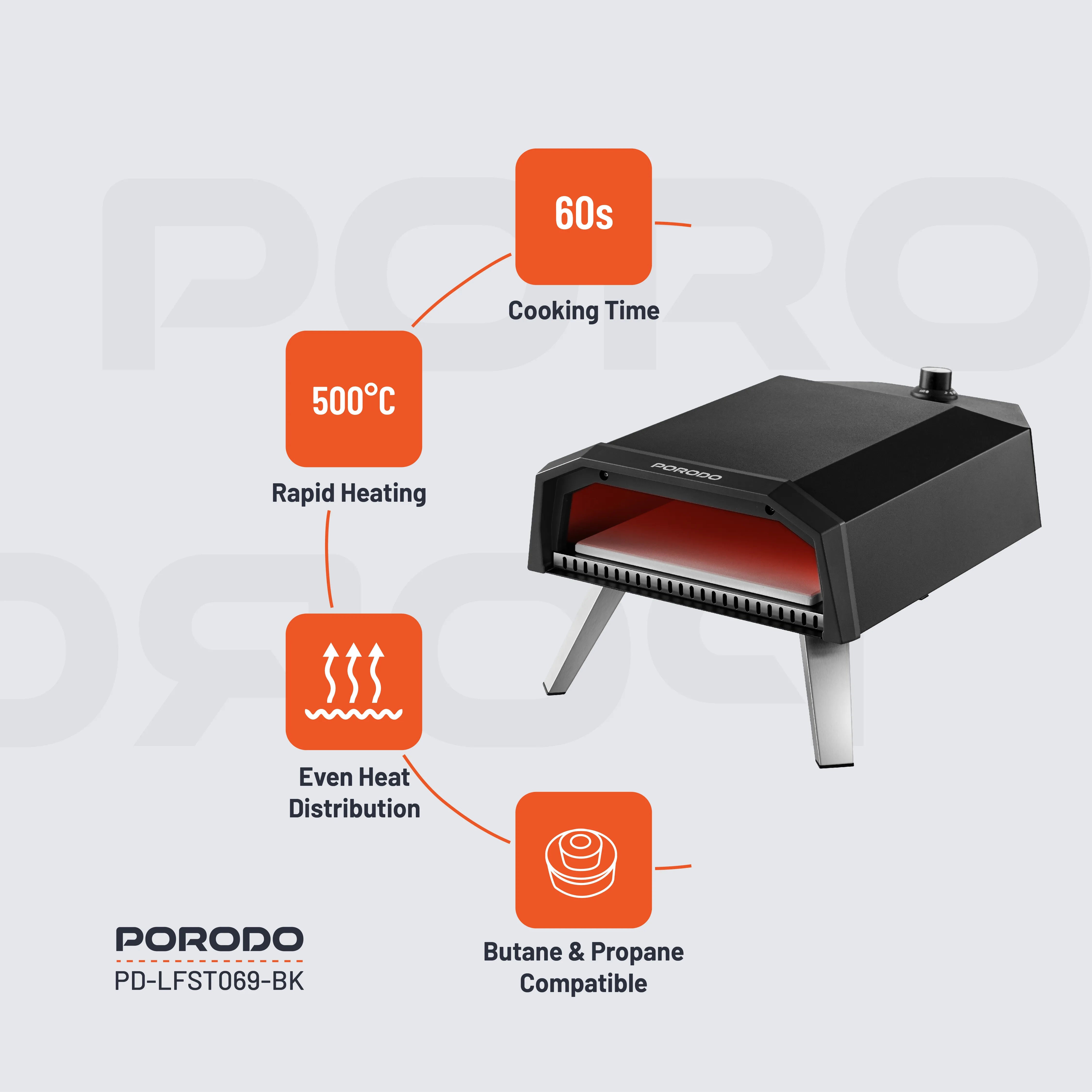 PORODO PORTABLE STAINLESS STEEL PIZZA OVEN WITH FOLDABLE LEGS AND CUTTER