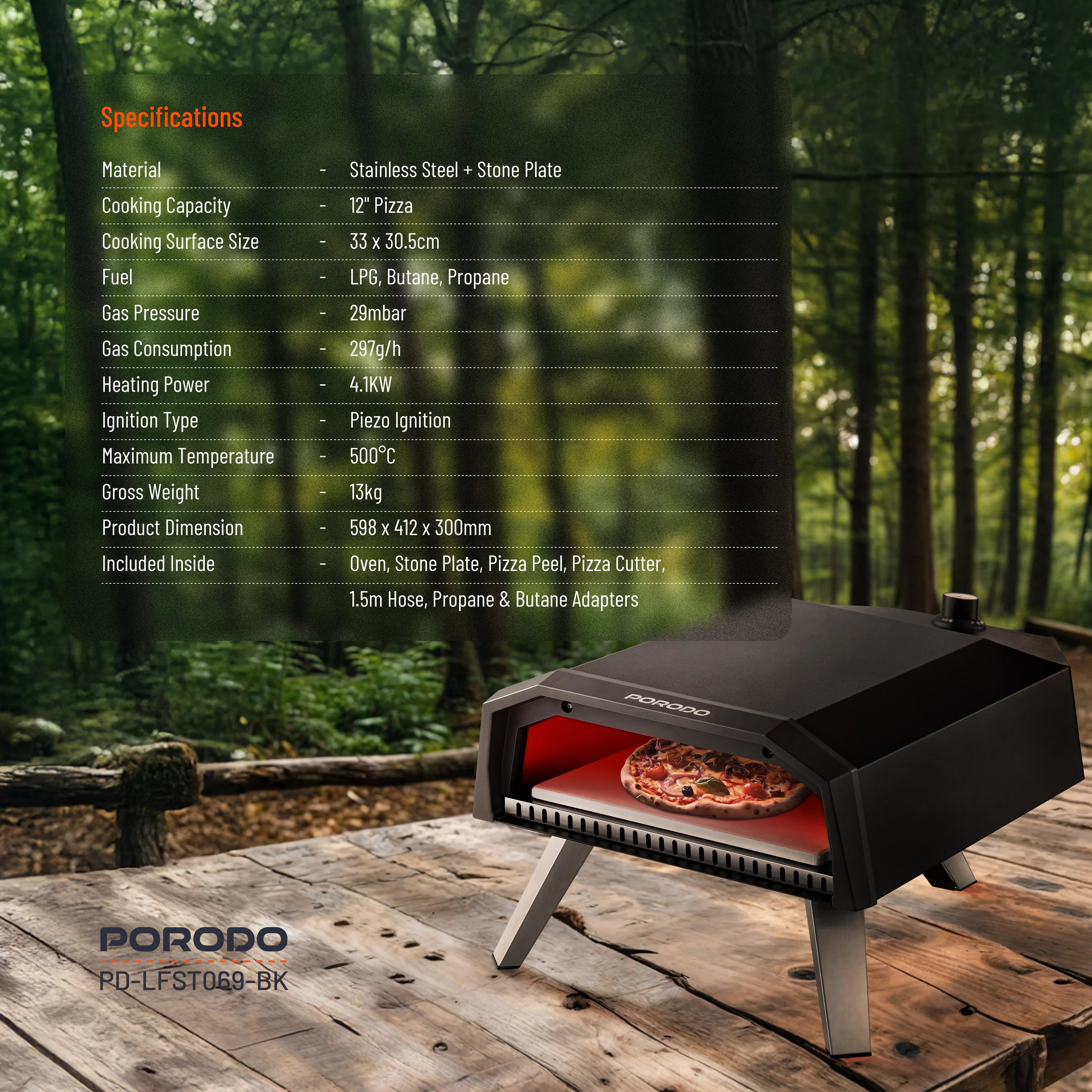 PORODO PORTABLE STAINLESS STEEL PIZZA OVEN WITH FOLDABLE LEGS AND CUTTER