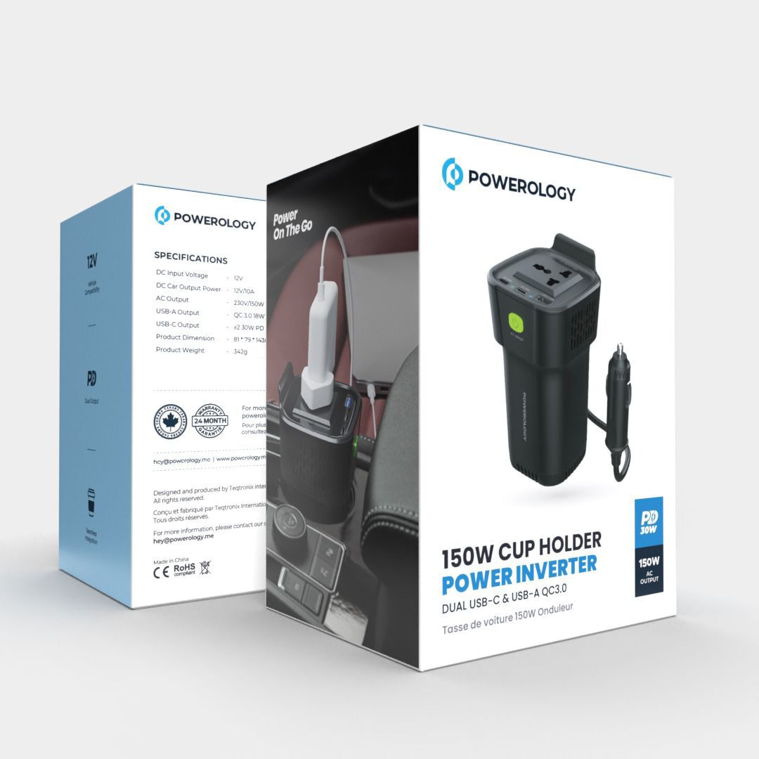 Powerology 150W Cup Holder Power Inverter Dual USB-C & USB-A QC3.0