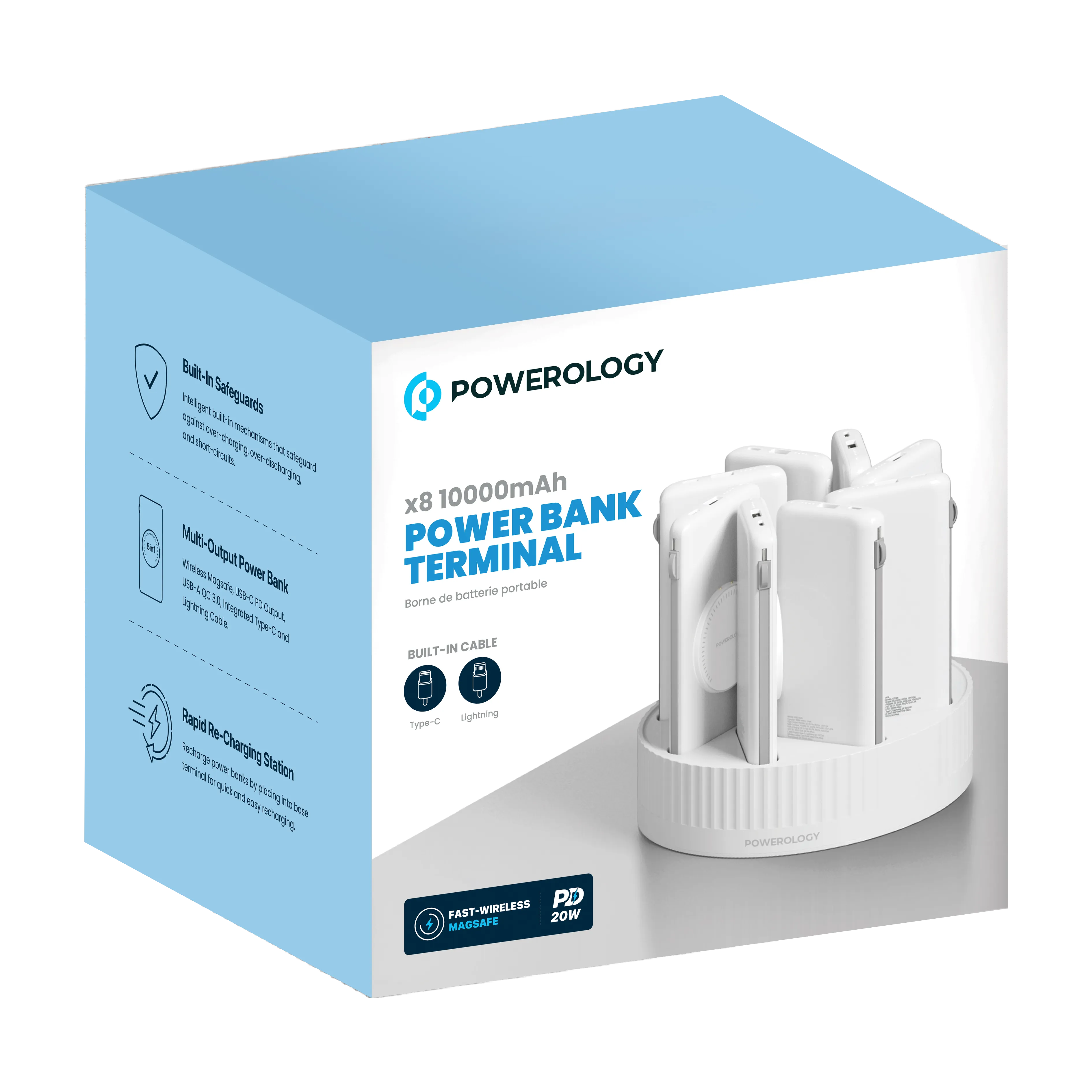 Powerology 8in1 Station 10000mAh PD 120W QC Wireless Power Bank - White