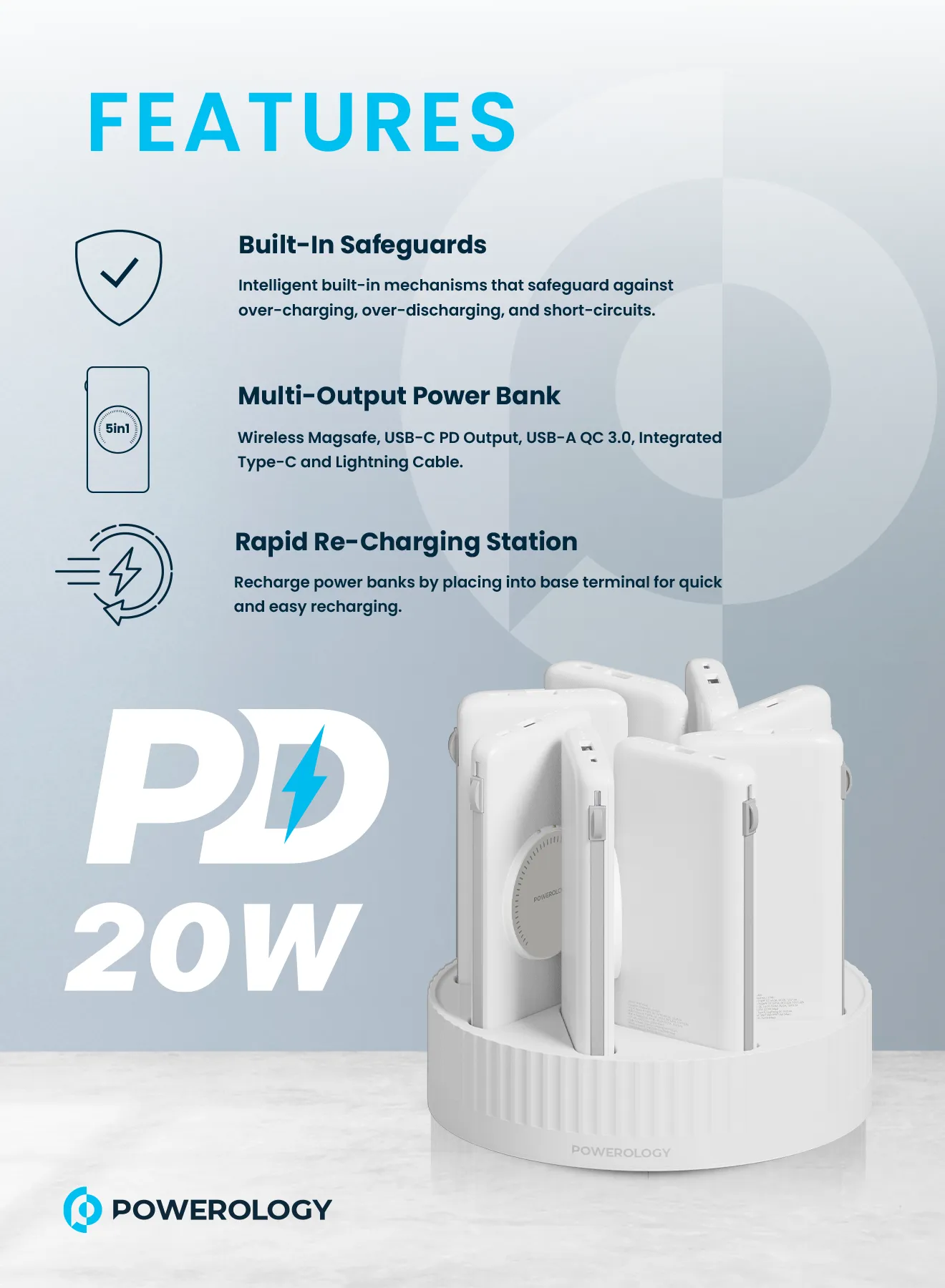 Powerology 8in1 Station 10000mAh PD 120W QC Wireless Power Bank - White