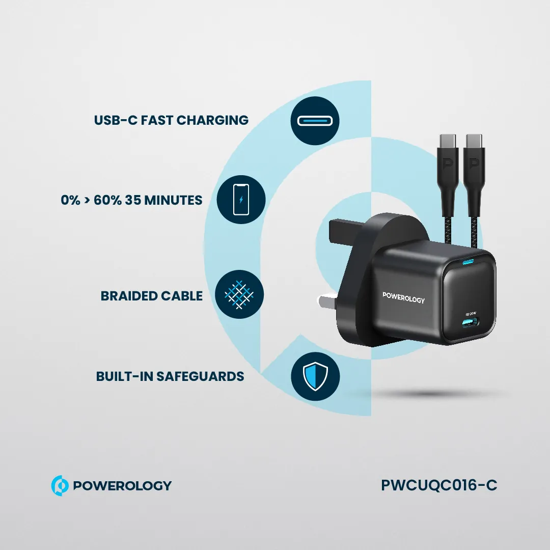 Powerology 20W Single C Port PD Charger UK with Type C to C 60W cable - Black