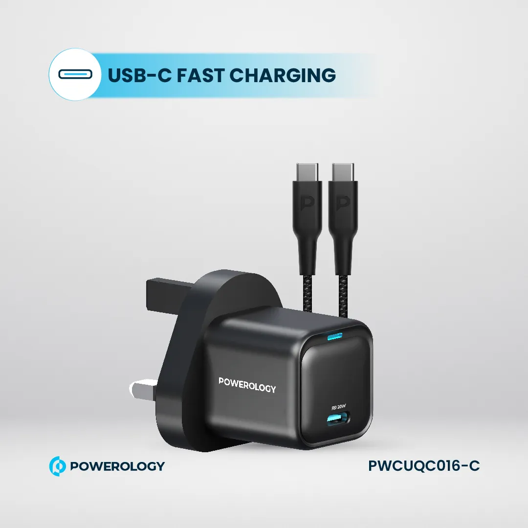 Powerology 20W Single C Port PD Charger UK with Type C to C 60W cable - Black