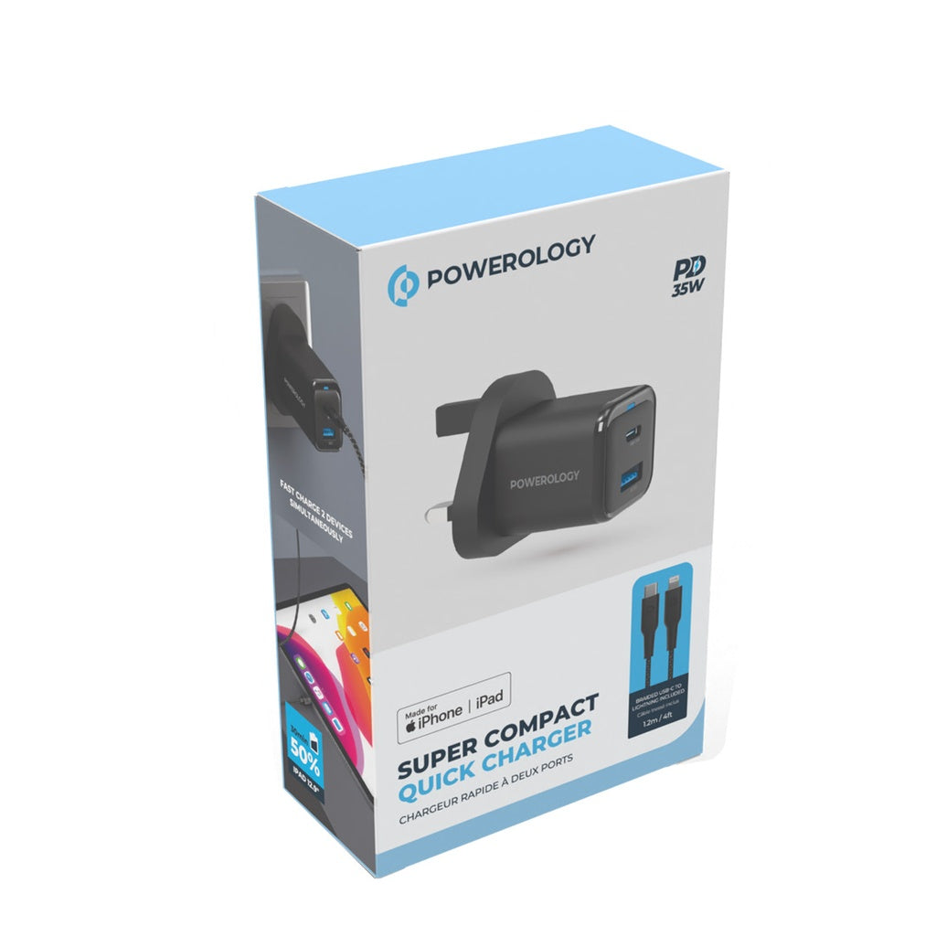 Powerology Super Compact Quick Charger With Braided USB-C To Lightning Cable 1.2m/4ft