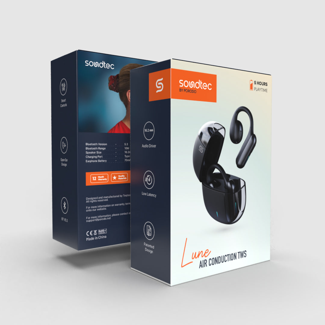 Porodo Soundtec Air Conduction TWS Earbuds with Semi Transparent Case - Black