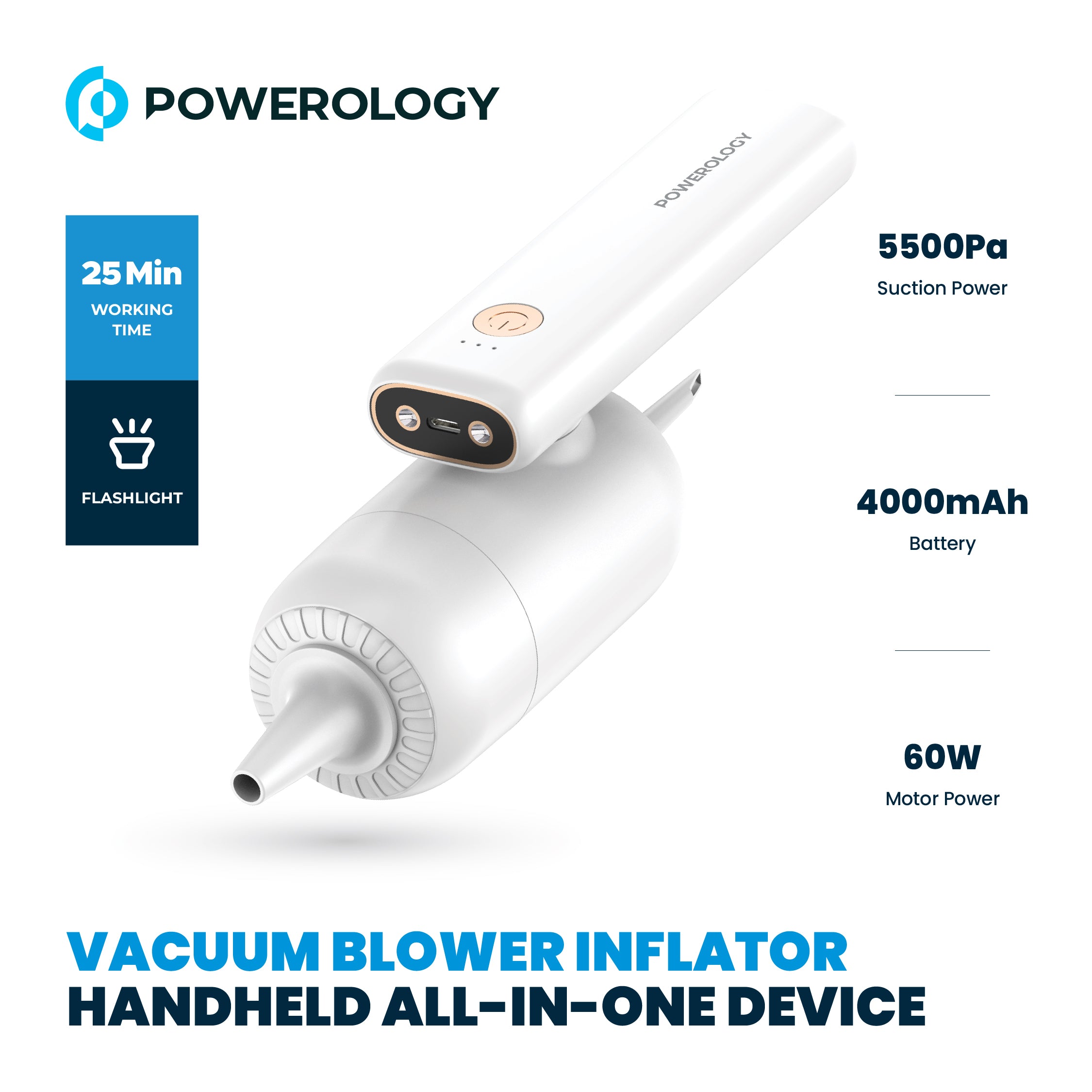 Powerology 180° Foldable Vacuum Blower Inflator Handheld All-In-One Device