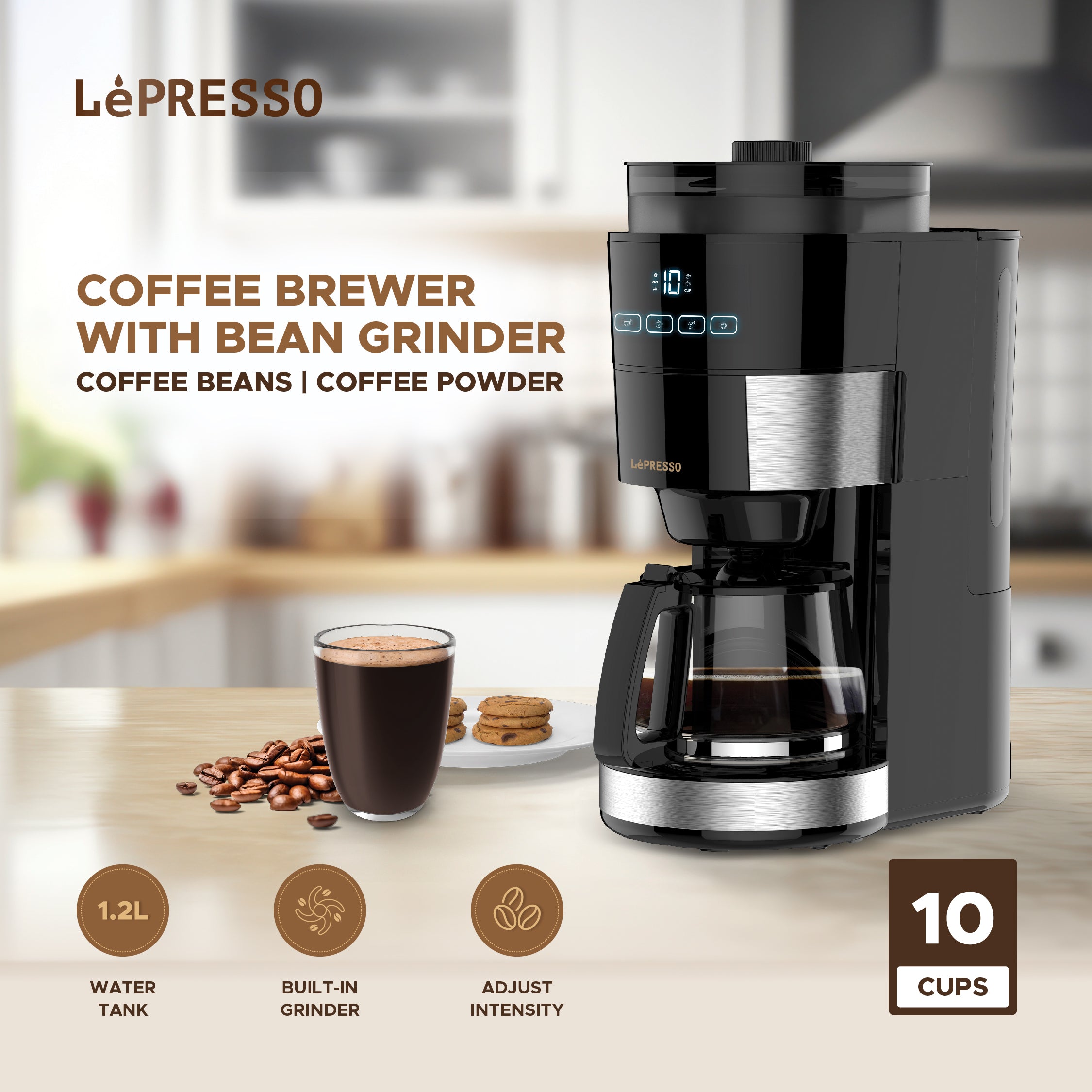 LePresso 1.2L 10 Cup Grinding Coffee Machine with Warming Base BS plug - Black