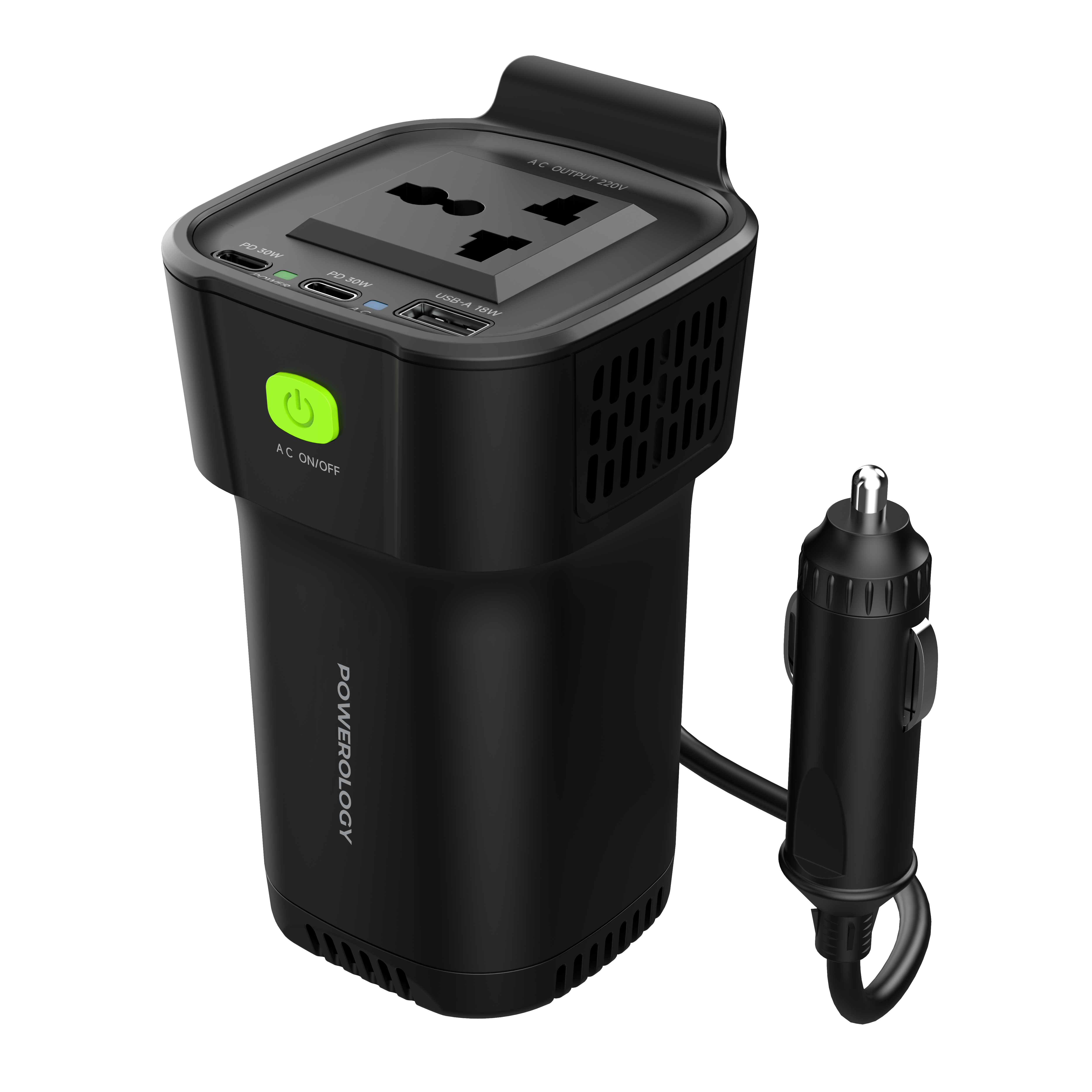 Powerology 150W Cup Holder Power Inverter Dual USB-C & USB-A QC3.0