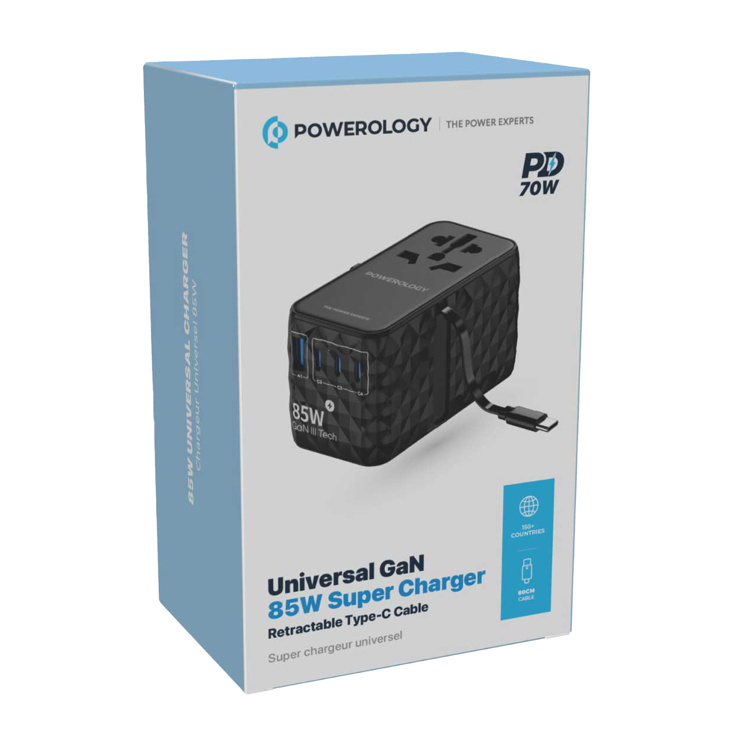 Powerology Universal GaN 85W Super Charger Retractable Type-C Cable