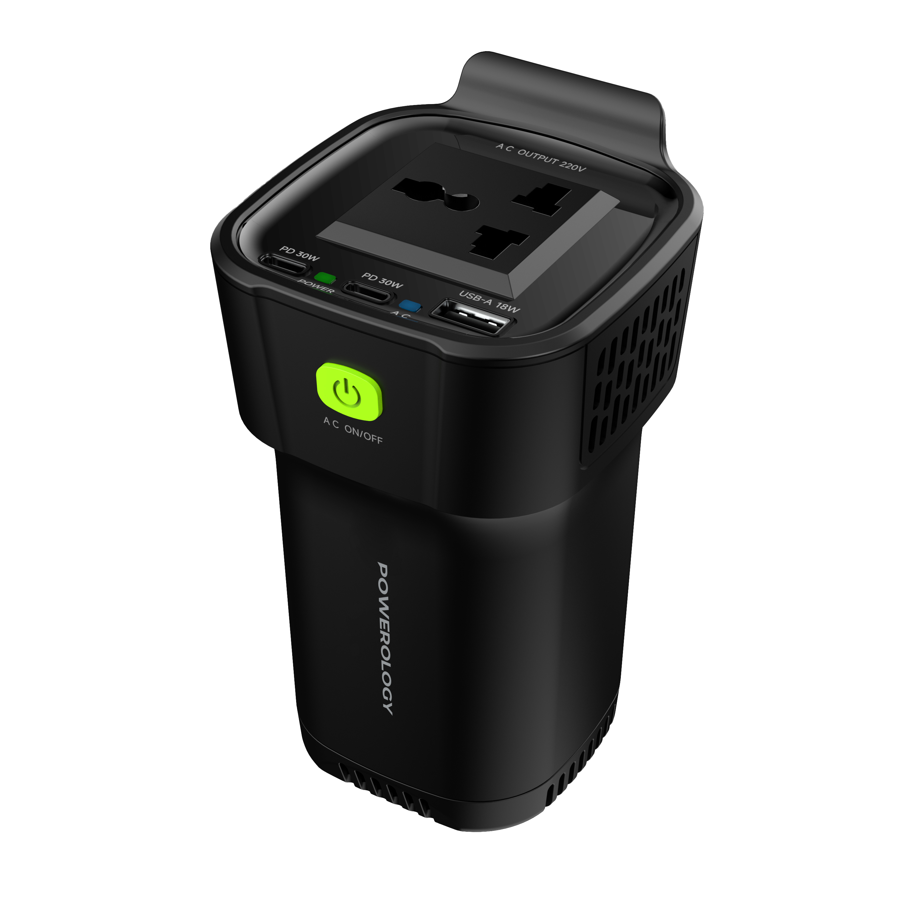 Powerology 150W Cup Holder Power Inverter Dual USB-C & USB-A QC3.0