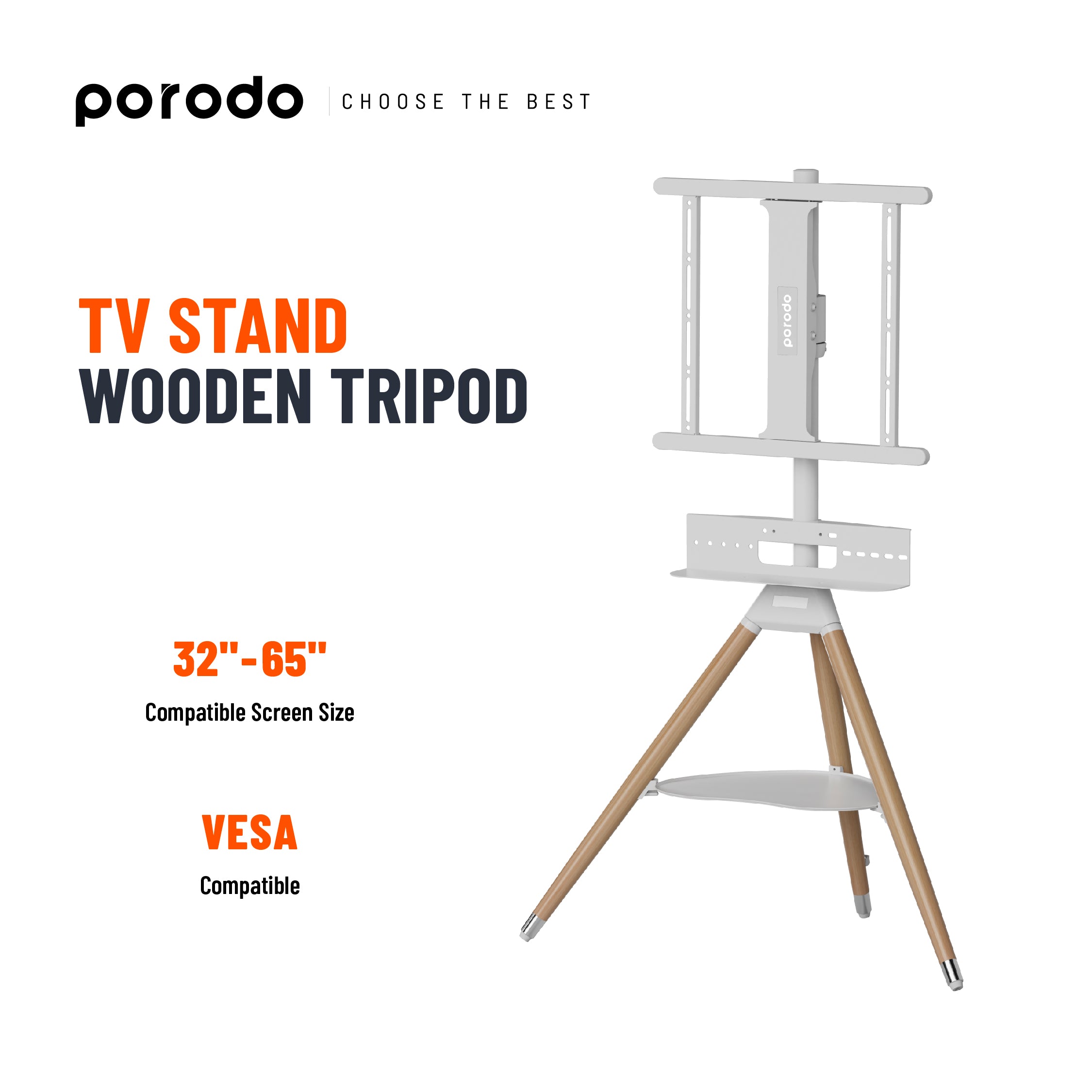 Porodo TV Stand Wooden Vesa Compatible Tripod - White