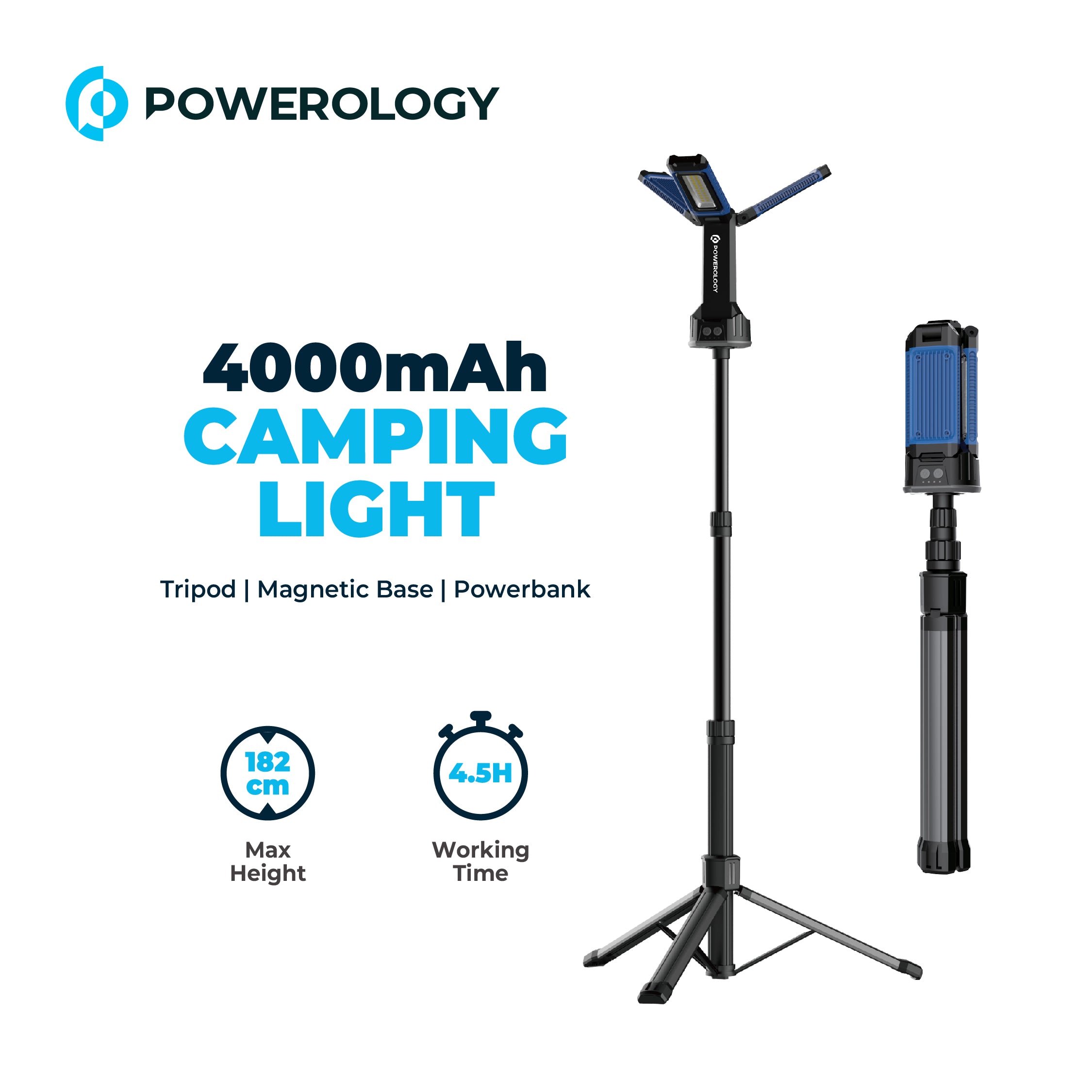 Powerology Camping 4000LM USB-C Foldable Tripod Worklight IPX4, 4000mAh - Black