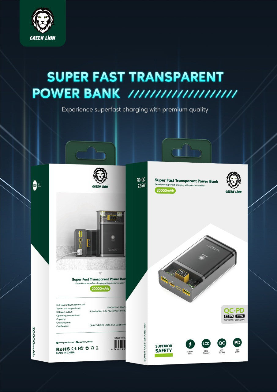 Green Super Fast Transparent Power Bank ( QC 22.5W + PD 20W ) - Black