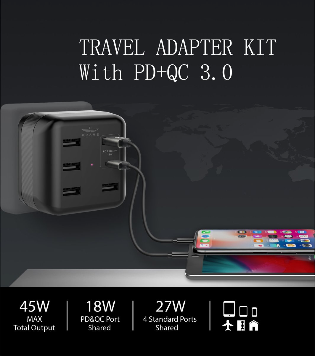 Brave 6 ports Smart Power Adapter PD+QC 3.0