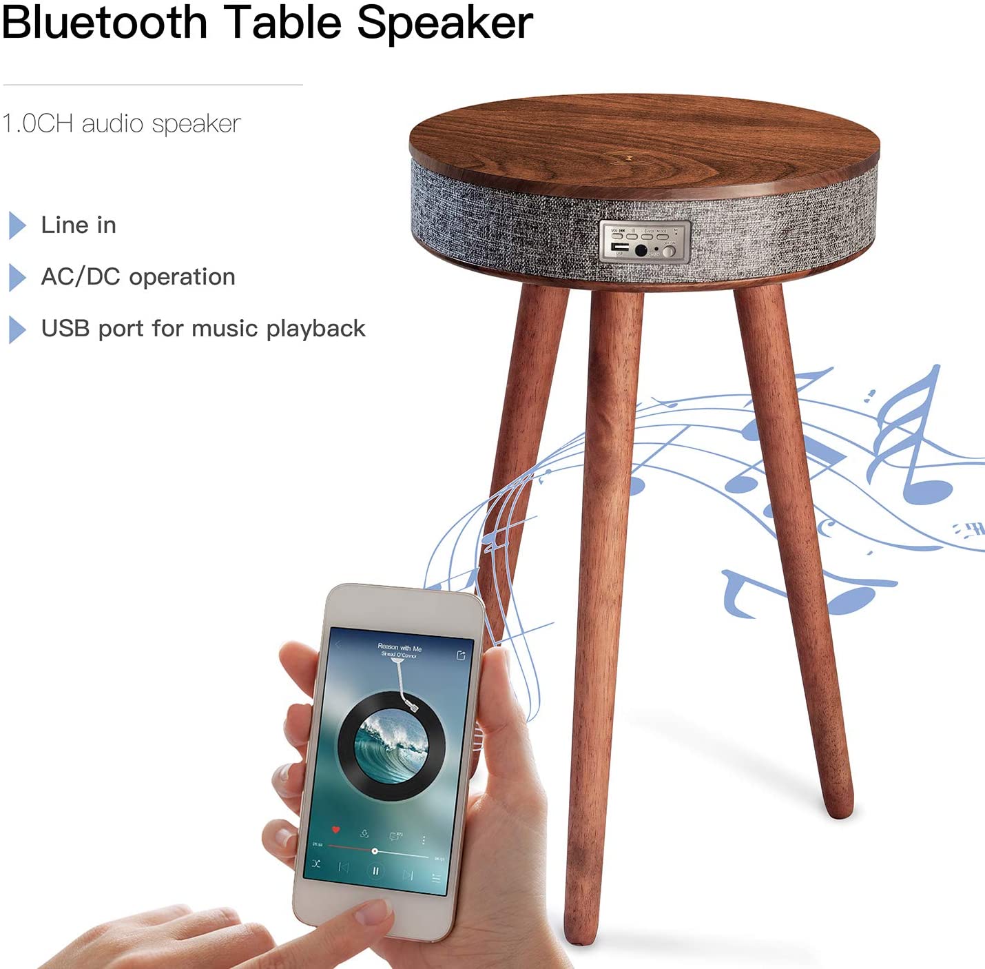 Round Smart Coffee Table with Bluetooth Portable Multifunctional HD Speakers 360 Surround Built-in QI Wireless Charger USB AUX Input Beside Modern Wood Smart Spearker Outdoor End Table