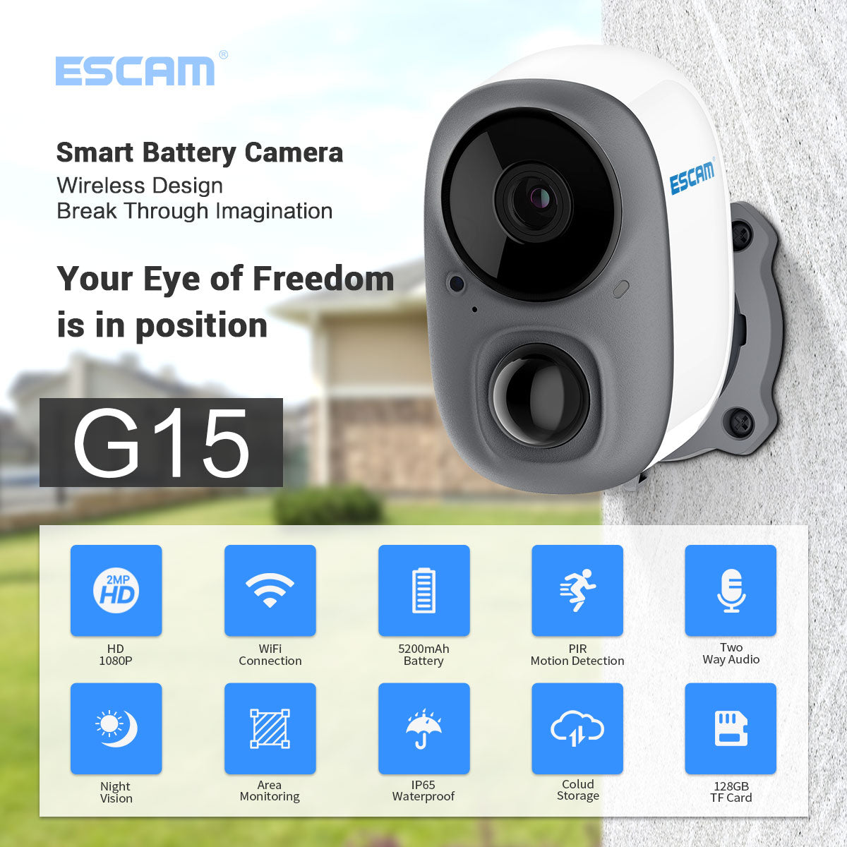 ESCAM 1080P FULL HD AI RECOGNITION RECHARGEABLE BATTERY PIR ALARM CLOUD STORAGE WIFI CAMERA