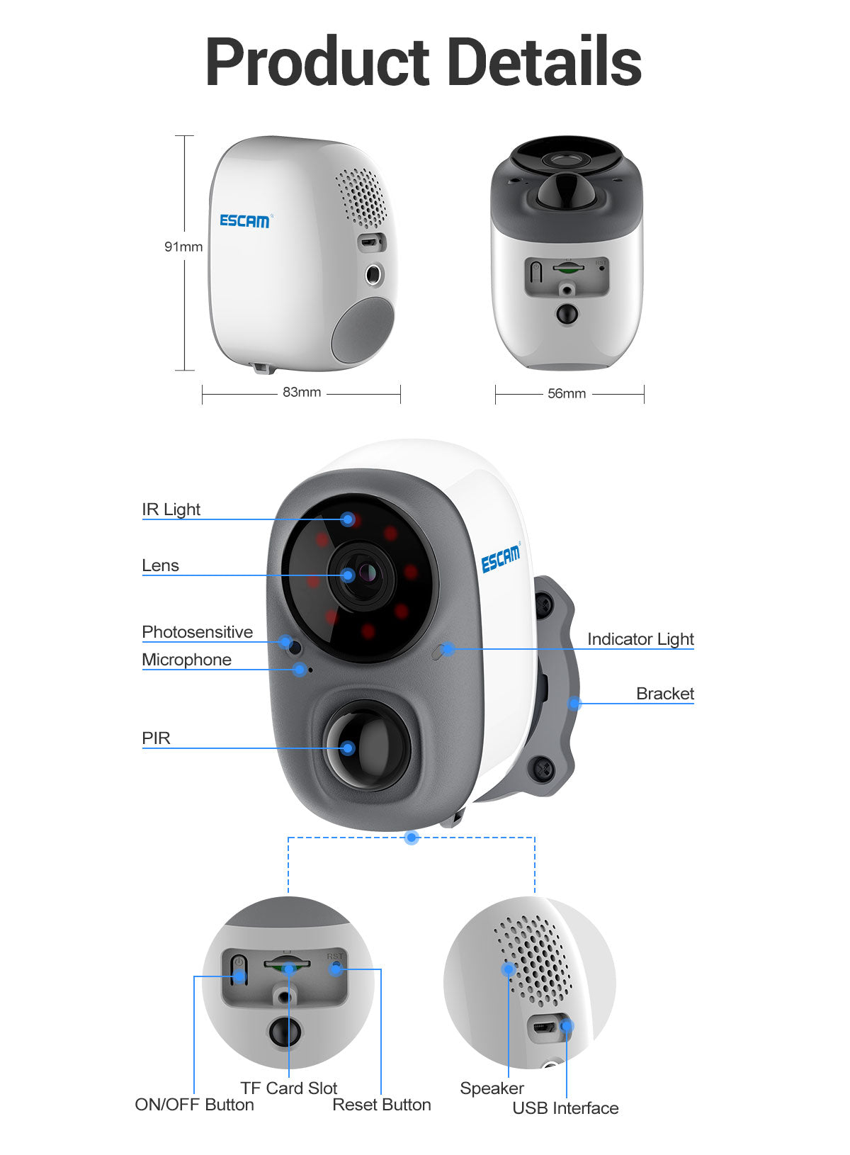 ESCAM 1080P FULL HD AI RECOGNITION RECHARGEABLE BATTERY PIR ALARM CLOUD STORAGE WIFI CAMERA