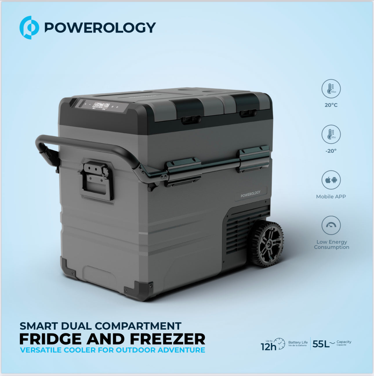 Powerology Smart Fridge & Freezer with Independent Dual Compartment - 55L