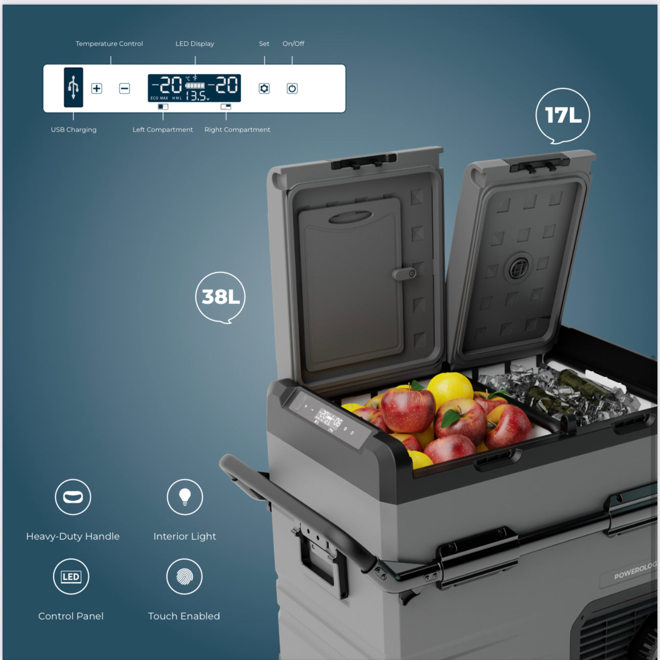 Powerology Smart Fridge & Freezer with Independent Dual Compartment - 55L