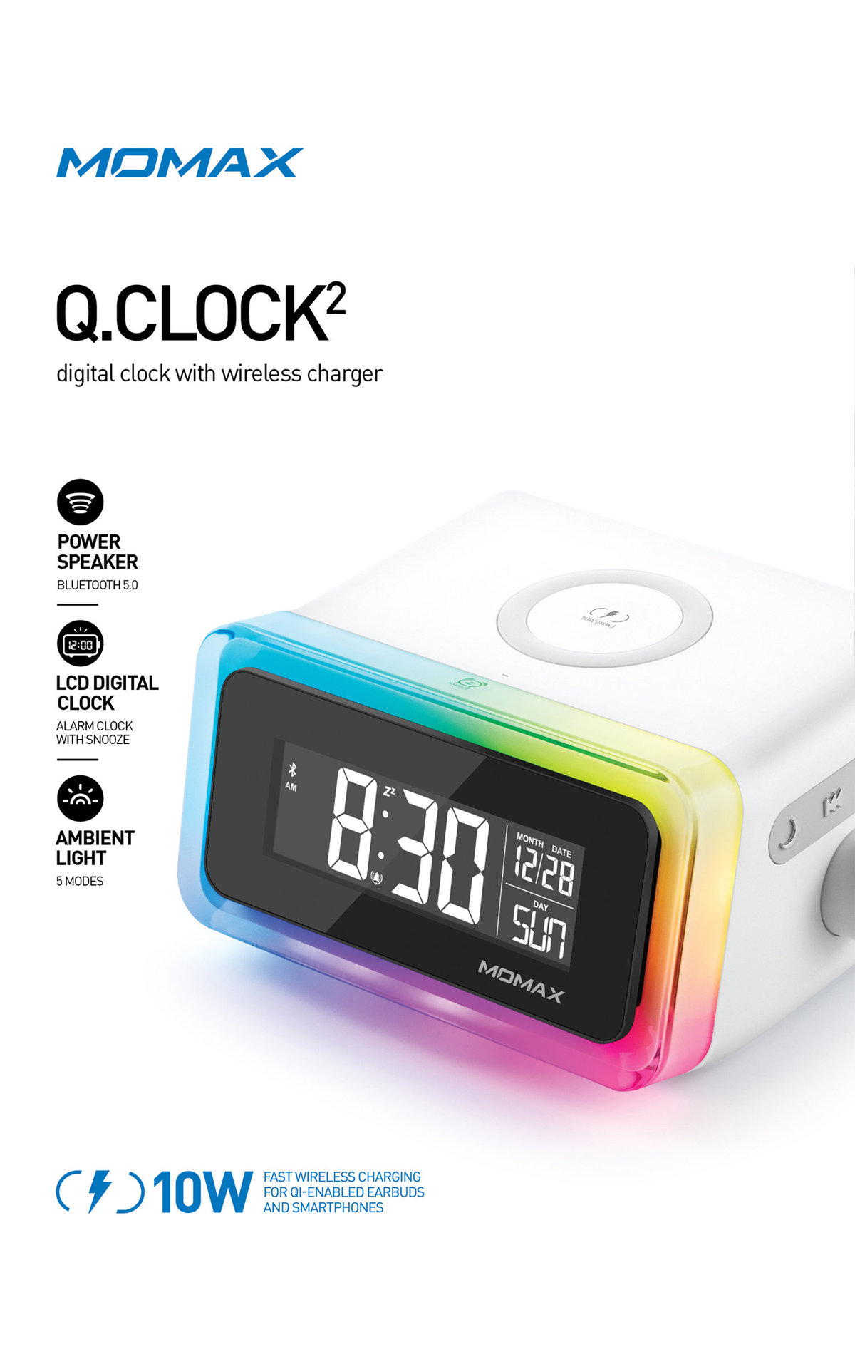 Momax Q. Clock 2 Digital Clock with Wireless Charger