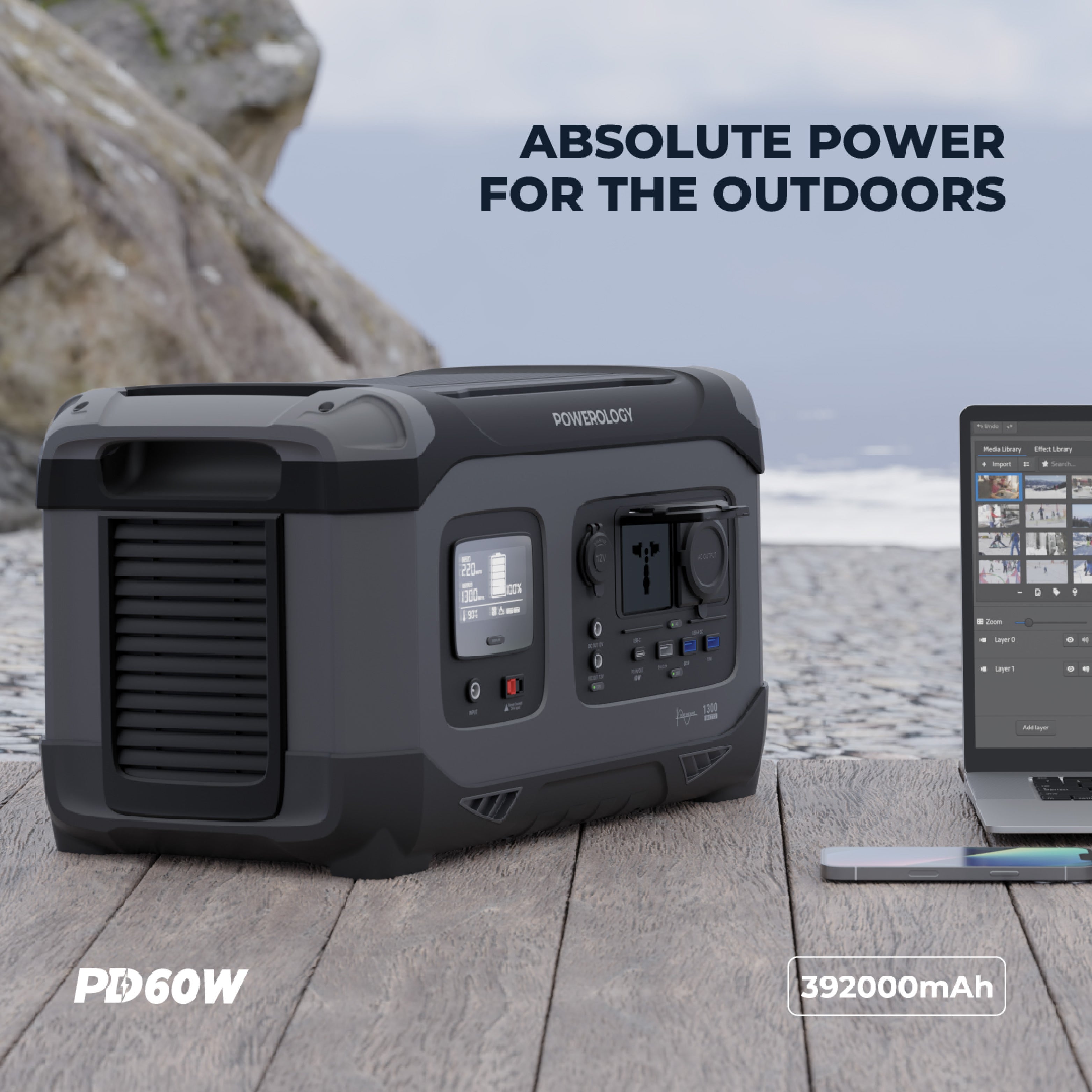 Powerology 392000mAh Power Generator 1300W 60W USB-C Power Delivery/18W USB Quick Charge