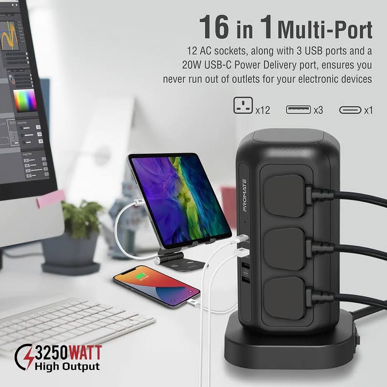 Promate 16-in-1 Multi-Socket Surge Protected Power Tower