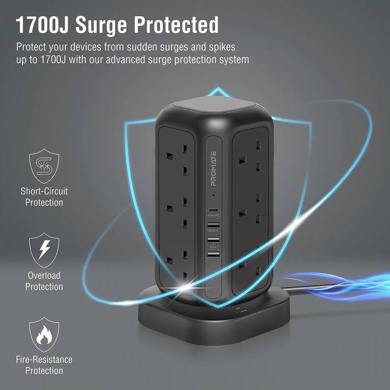 Promate 16-in-1 Multi-Socket Surge Protected Power Tower