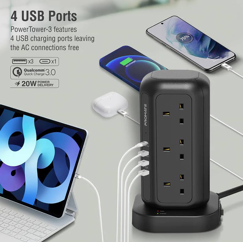 Promate 16-in-1 Multi-Socket Surge Protected Power Tower